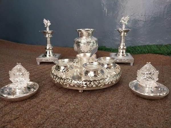 German Silver Combo Pooja thali Set with Kalash Peacock Diya Full Set